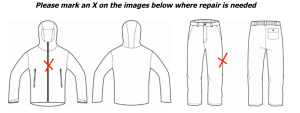 Diagram of a jacket and pants showing red X marks indicating repair locations.